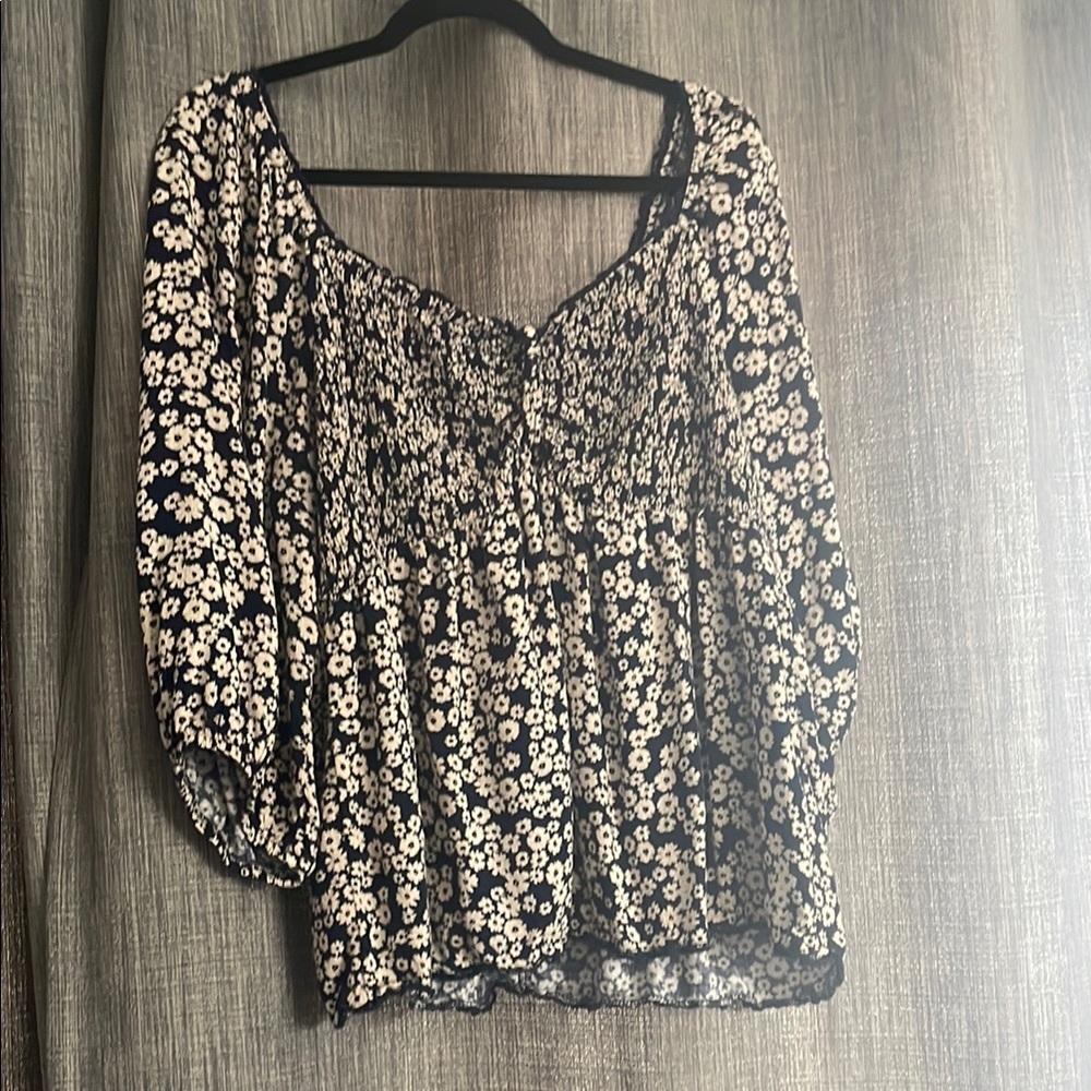 Maurices Floral Blue Cream Smocked 3/4 Sleeve Blouse